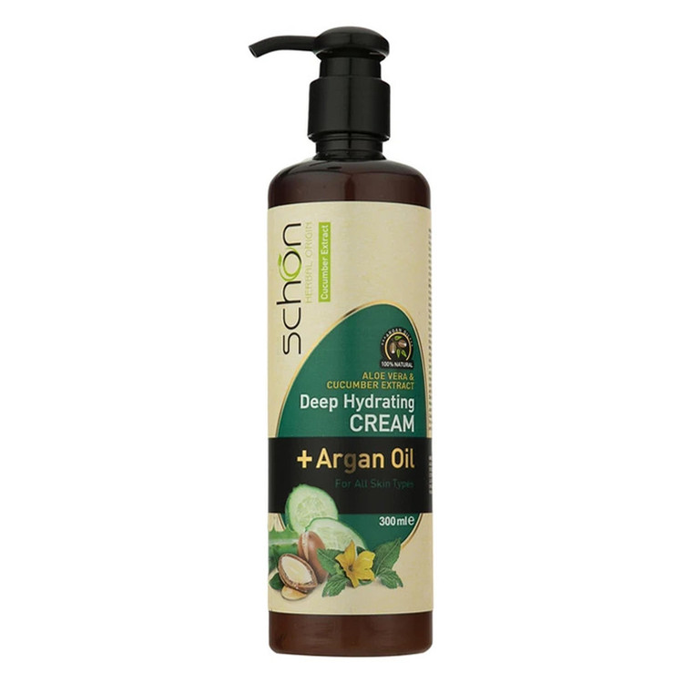کرم مرطوبکننده شون، مدل Cucumber، مناسب انواع پوست، با عصاره خیار، حاوی روغن آرگان، مناسب استفاده برای دست و صورت، حجم 300 میلیلیتر