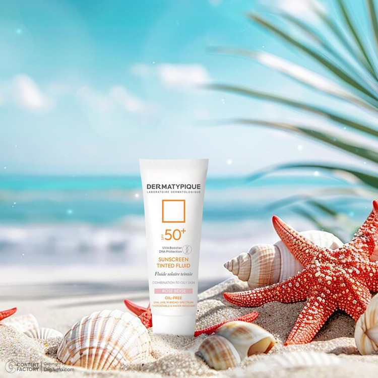 فلوئید ضدآفتاب رنگی درماتیپیک، 50 SPF، مدل TINTED FLUID، مناسب پوست مختلط تا چرب تنالیته رنگ خیلی روشن و حجم 50 میلیلیتر، محافظت کننده در برابر اشعه UVA، UVB، IR، ضد آب، فاقد چربی، محافظ DNA سلولی، تنظیم کننده چربی و ضد پیری پوست، با ماندگاری 2 ساعته