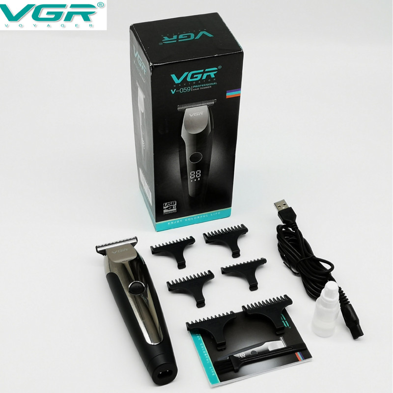 ماشین اصلاح موی صورت و بدن وی جی ار مدل V-059 با تیغه استیل ضد زنگ خودتیز شونده، باتری لیتیوم یونی با 150 دقیقه زمان استفاده، نمایشگر دیجیتال، تنظیم سرعت 3 مرحلهای و 6 عدد شانه سایز 1 تا 6 میلیمتر