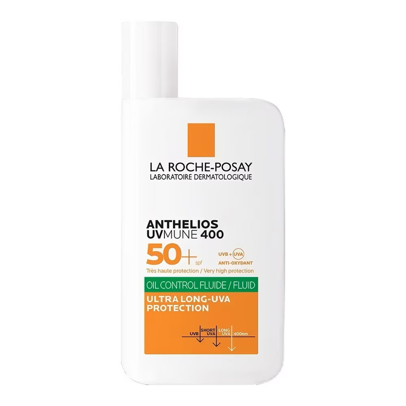 فلوئید ضدآفتاب بی‌رنگ لاروش پوزای +SPF50 مدل Anthelios حاوی محافظ UVA ،UVB، ضدآب مناسب برای انواع پوست حجم 50 میلی‌لیتر